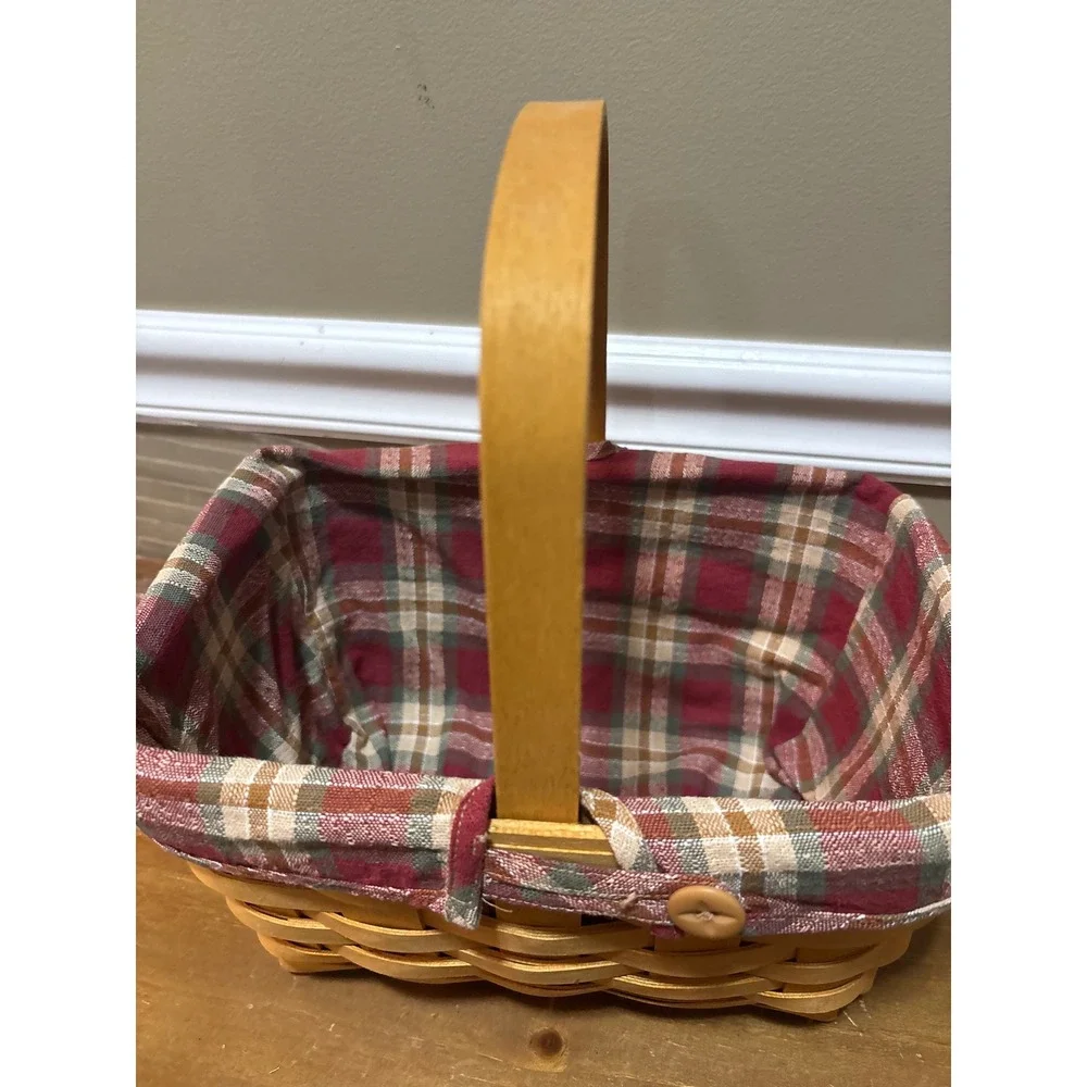 Handwoven Wood Splint Basket with Red Plaid Liner and Plastic Protector Honey